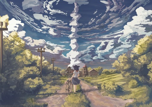 Konachan.com 227652 bicycle black hair building clouds grass landscape mion original scenic short ha