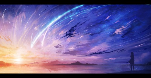 Konachan.com 229188 clouds jpeg artifacts kimi no na wa miyamizu mitsuha scenic silhouette sky stars