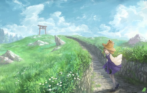 Konachan.com 235634 brown hair clouds dress flowers grass green eyes hat landscape moriya suwako pan