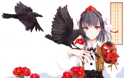 Konachan.com 236431 animal bird black hair camera ef (ppps33) flowers hat mask pointed ears red eyes