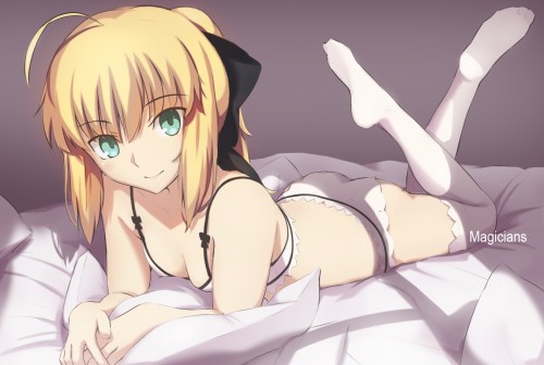 Konachan.com 215715 bed blonde hair bow bra fate grand order fate stay night green eyes magicians pa