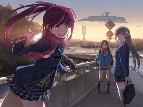 Konachan.com---132874-aqua_eyes-aqua_hair-blush-brown_eyes-brown_hair-headphones-long_hair-naruko_hanaharu-pink_eyes-pink_hair-ribbons-scarf-seifuku-skirt-sky-treeace0045555d41255.jpg